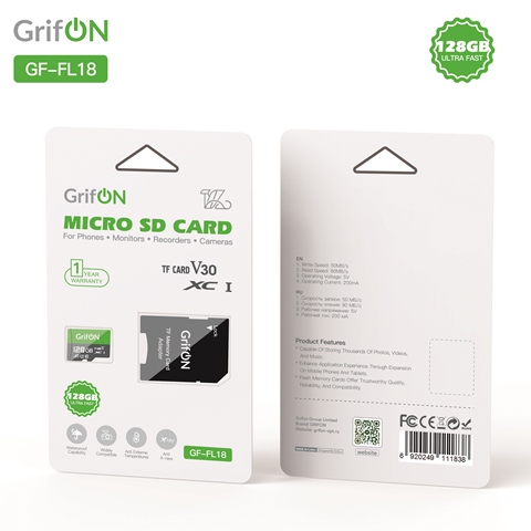 Картa памяти GrifON GF-FL18 microSD V30 U3 128Gb+adapterSD