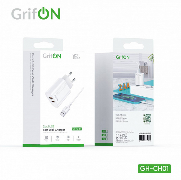 СЗУ 2USB GrifON GH-CH01 2.4A + кабель USB/Type-C белый